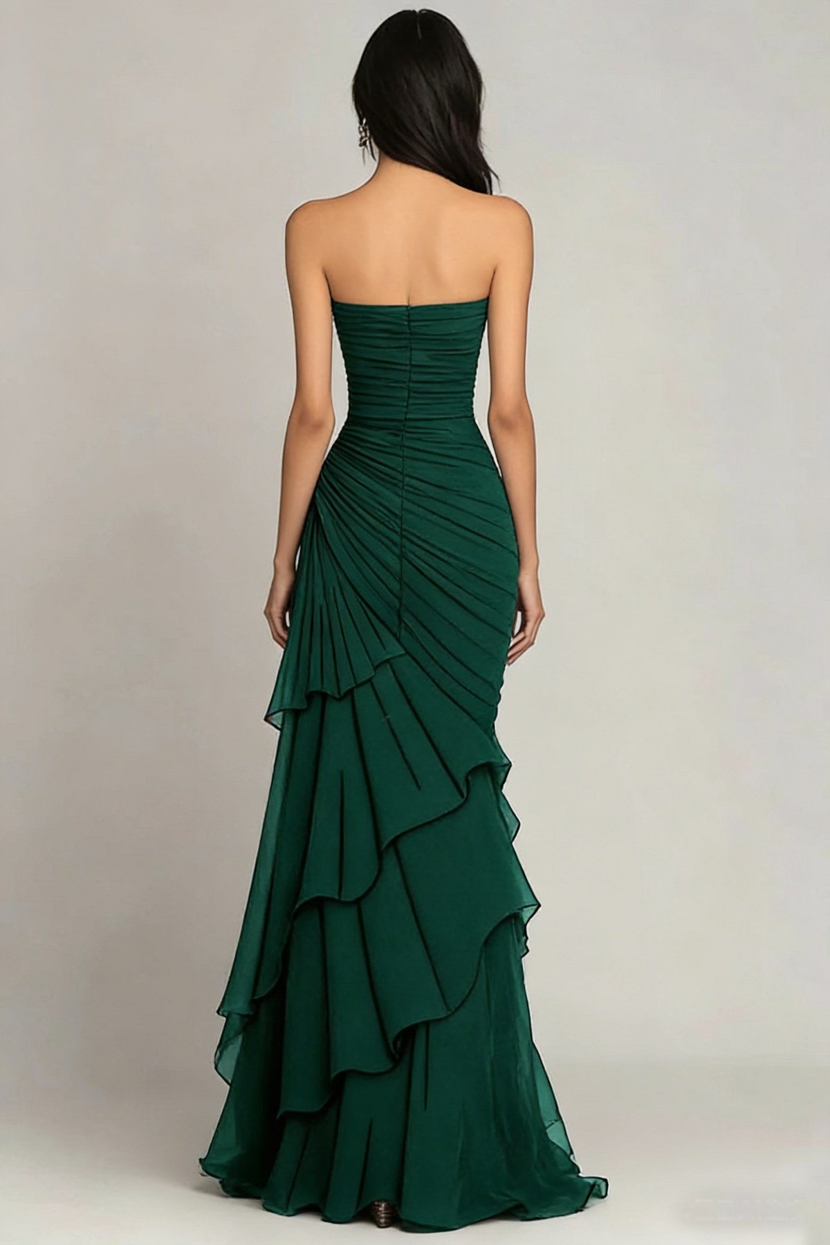 Strapless Ruched Chiffon Evening Gown Tiered Ruffle Maxi Dress
