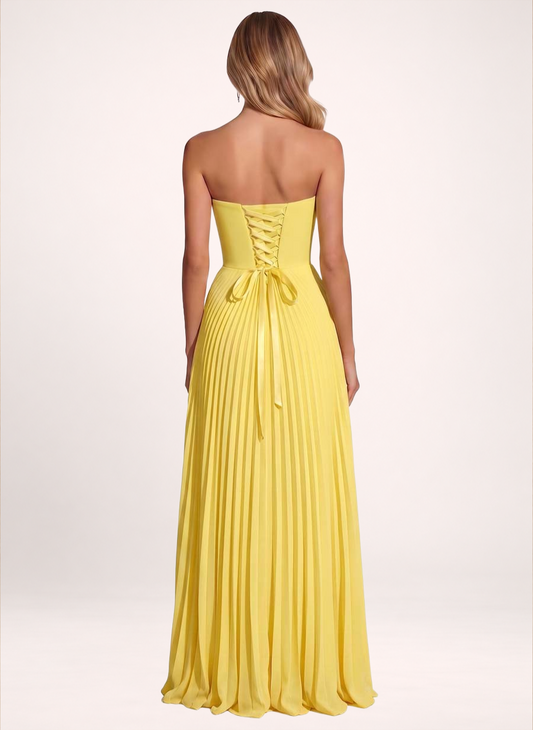 Strapless Pleated Lemon Yellow Chiffon Evening Gown High Slit Ruffle Maxi Dress