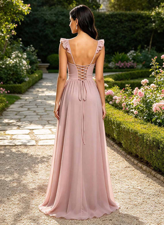 Women's Dusty Rose Chiffon Ruffle A Line Bridesmaid Dresses 2