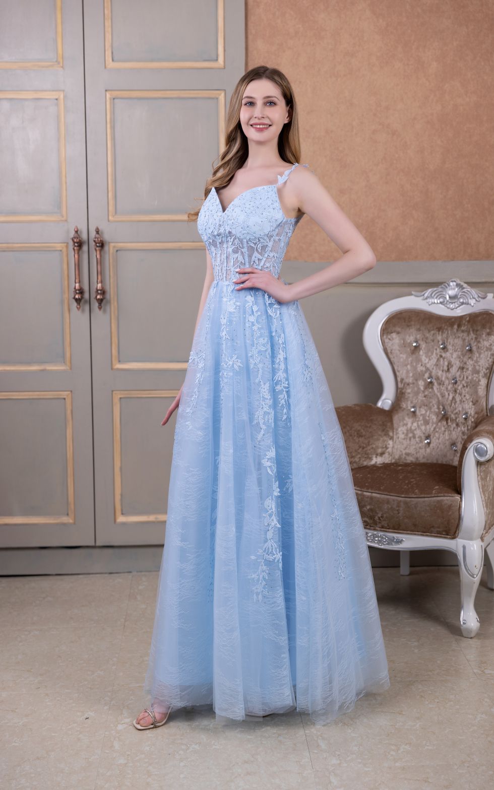 🔥 Hot Sale! 47% OFF 🔥-Lace Appliques Tulle Prom Dresses Long Formal Evening Gowns with Slit🎉