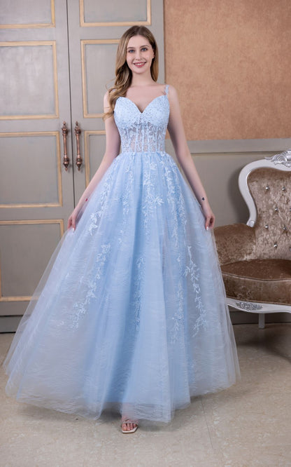 🔥 Hot Sale! 47% OFF 🔥-Lace Appliques Tulle Prom Dresses Long Formal Evening Gowns with Slit🎉