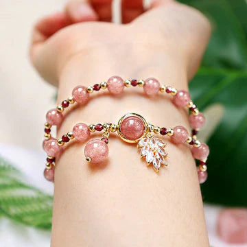 Strawberry Quartz Maple Leaf Double Wrap Bracelet