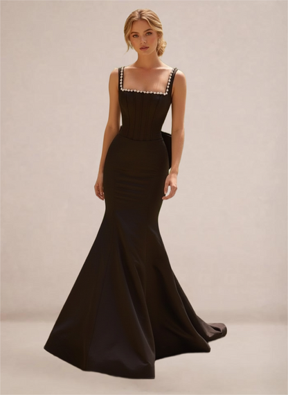 Black Pearl-Trim Open-Back Mermaid Gown with Statement Bow