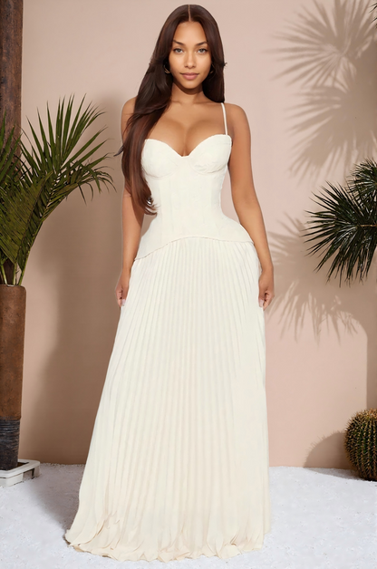 Ivory Sweetheart Neckline Corset-Style Pleated Maxi Dress