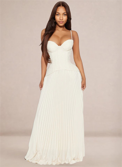 Ivory Sweetheart Neckline Corset-Style Pleated Maxi Dress