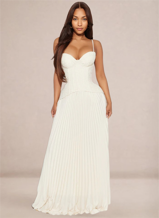 Ivory Sweetheart Neckline Corset-Style Pleated Maxi Dress