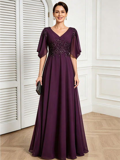 V Neck Chiffon A Line Sequin Lace Dress