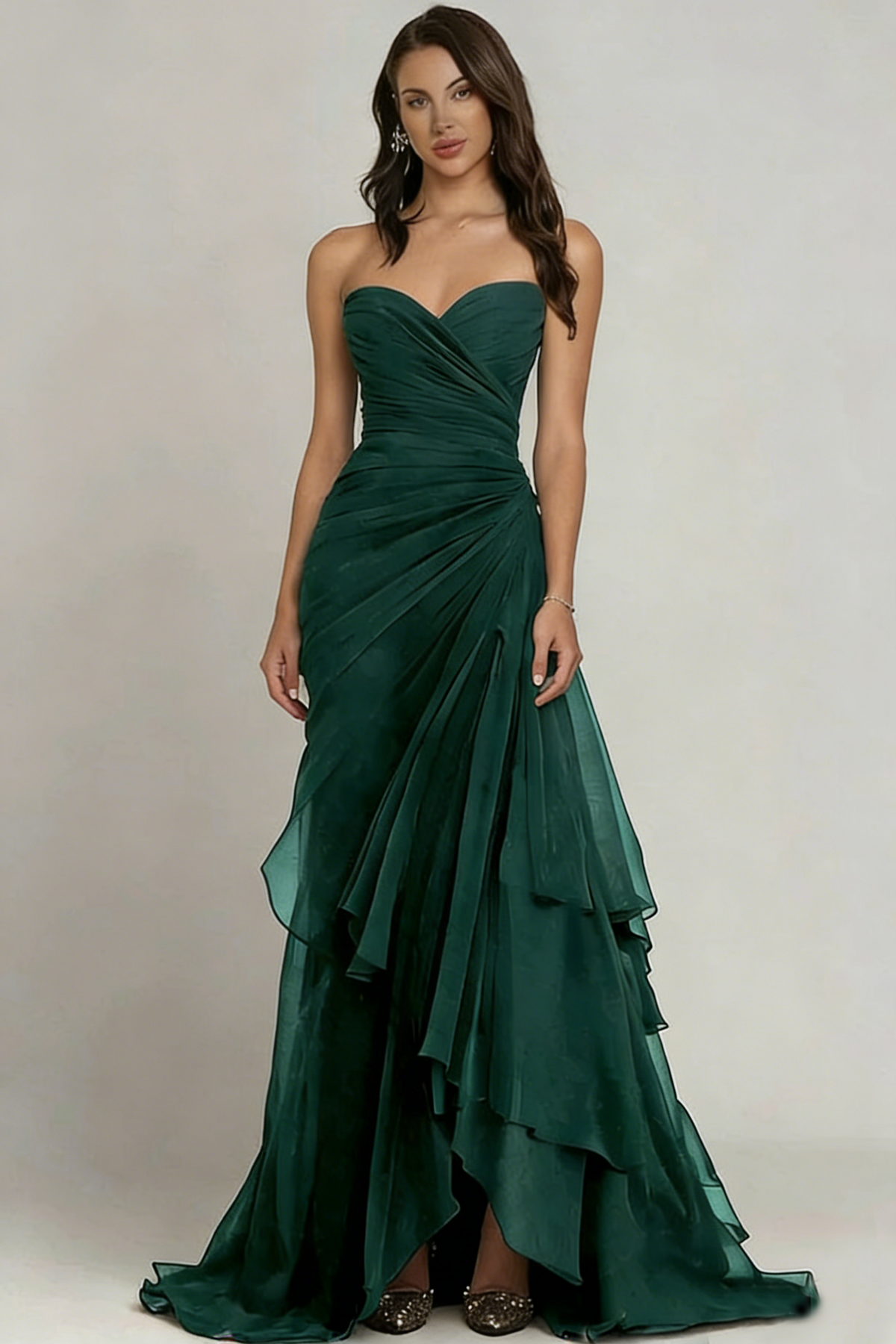 Strapless Ruched Chiffon Evening Gown Tiered Ruffle Maxi Dress