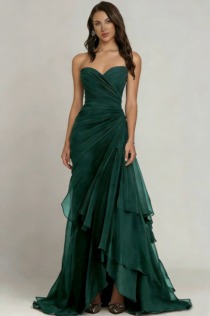 Strapless Ruched Chiffon Evening Gown Tiered Ruffle Maxi Dress