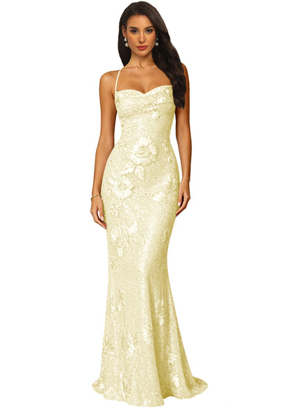 3D Floral Sequin Spaghetti Straps Prom Dress