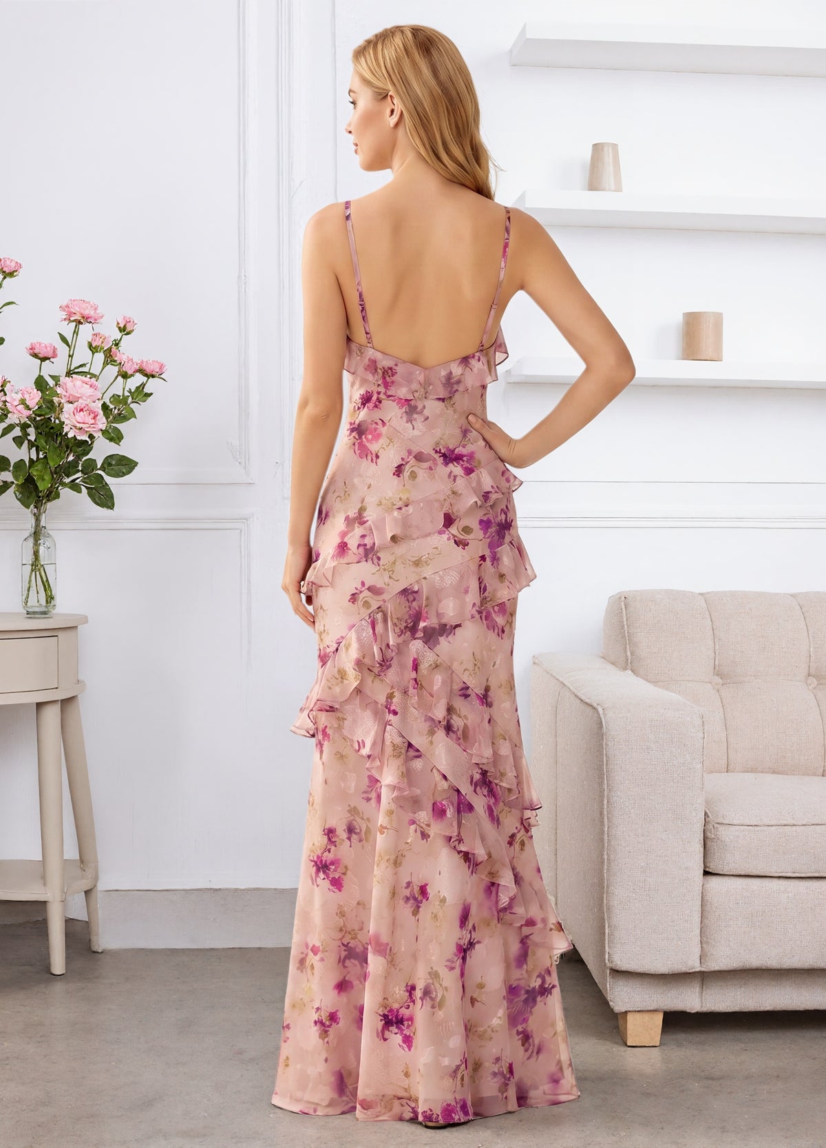 Spaghetti Straps Floral Prom Dresses for Teens