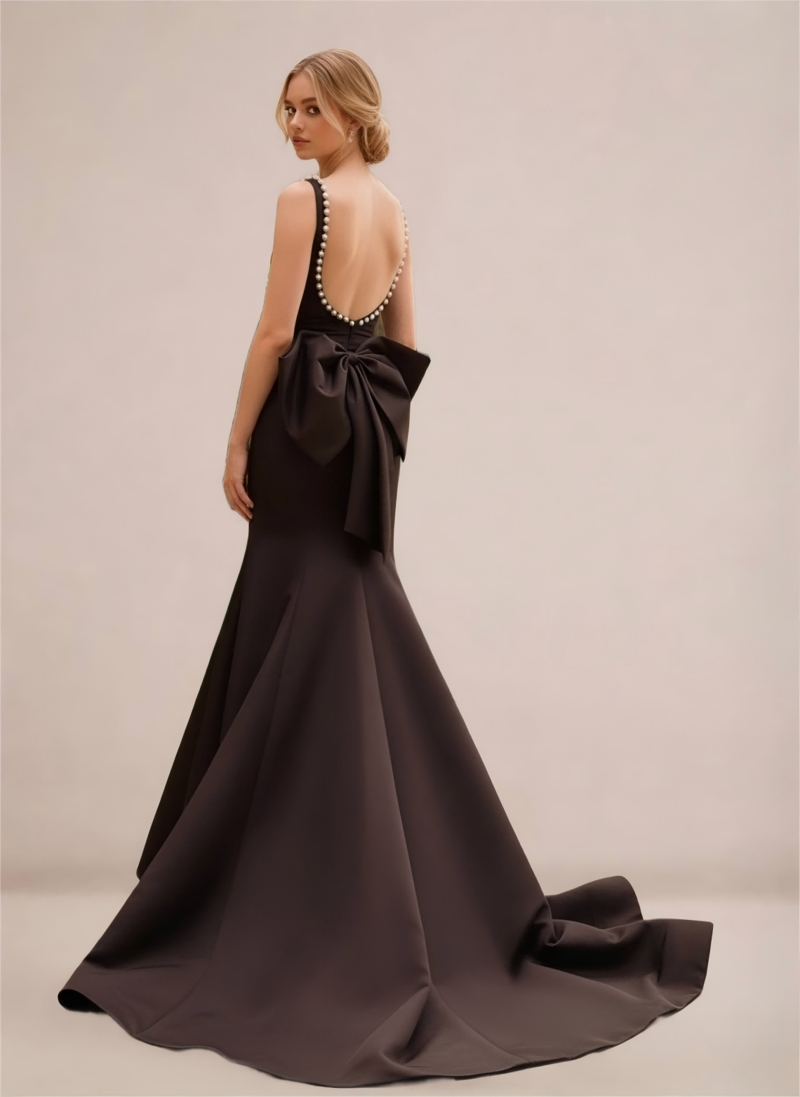 Black Pearl-Trim Open-Back Mermaid Gown with Statement Bow