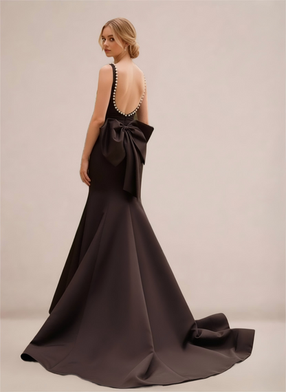 Black Pearl-Trim Open-Back Mermaid Gown with Statement Bow