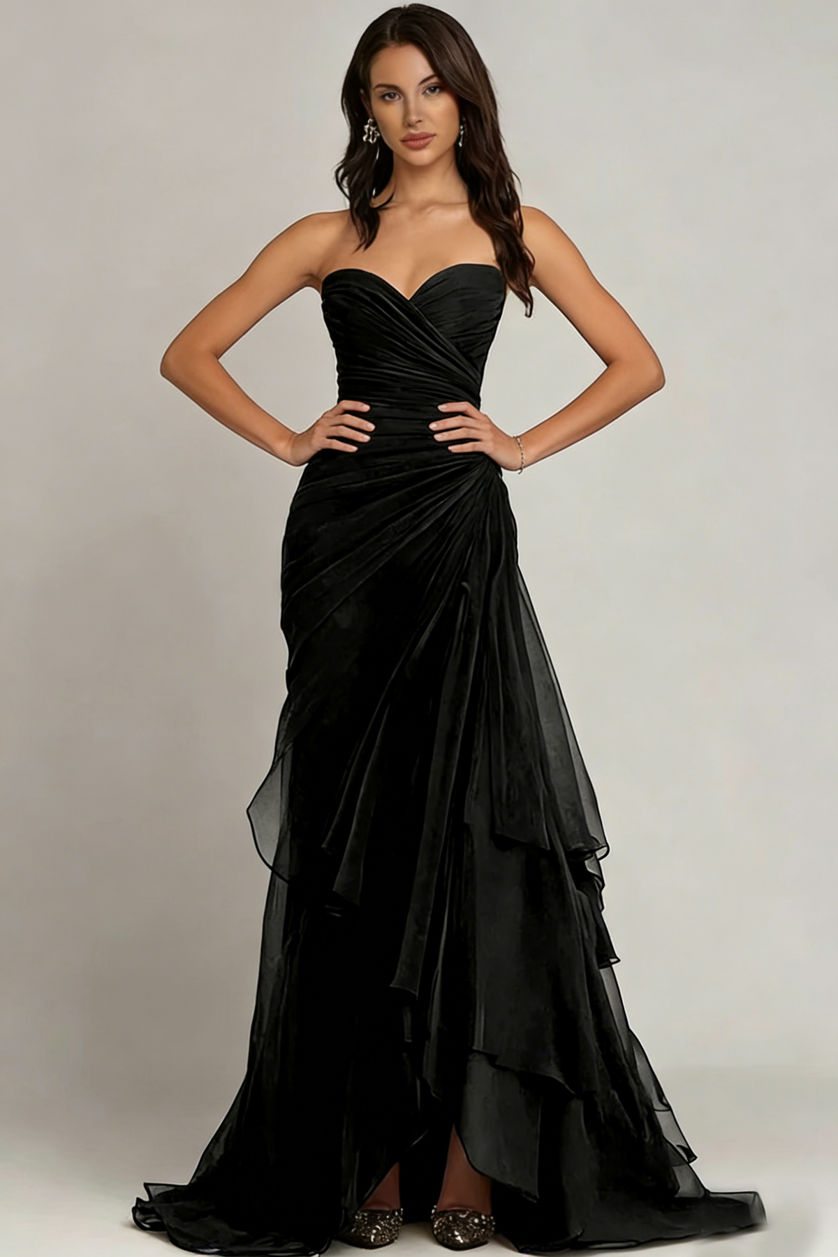 Strapless Ruched Chiffon Evening Gown Tiered Ruffle Maxi Dress