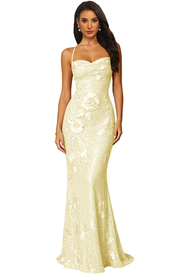 3D Floral Sequin Spaghetti Straps Prom Dress