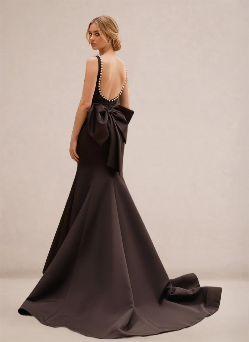 Black Pearl-Trim Open-Back Mermaid Gown with Statement Bow