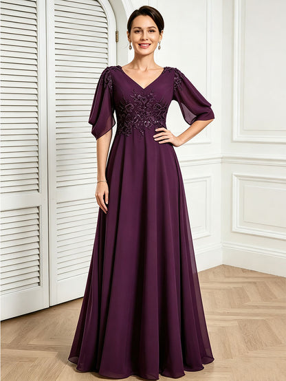 V Neck Chiffon A Line Sequin Lace Dress