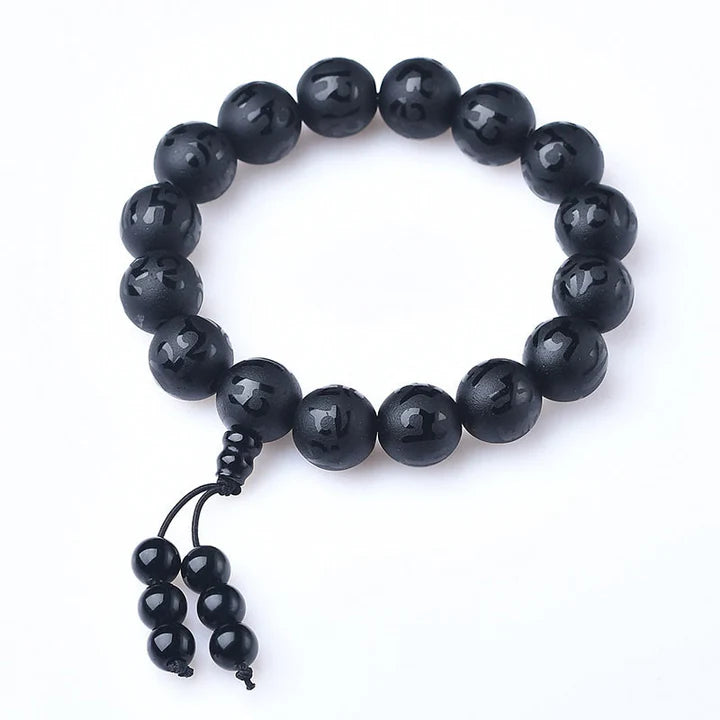 Tibetan White Crystal & Black Onyx Om Mani Padme Hum Meditation Bracelet