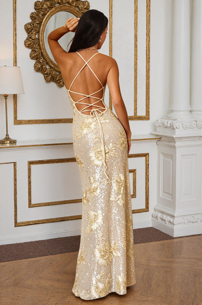 3D Floral Sequin Spaghetti Straps Prom Dress