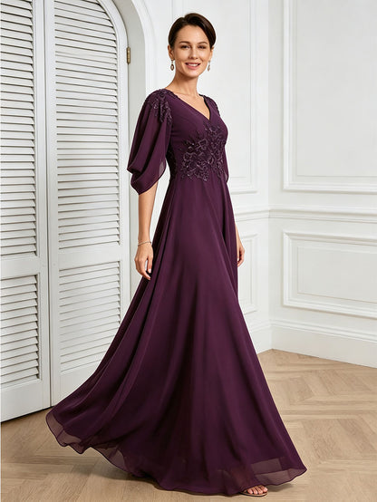 V Neck Chiffon A Line Sequin Lace Dress