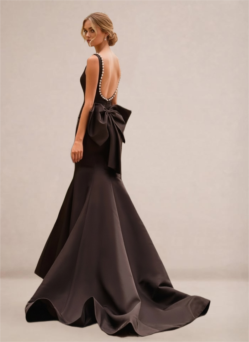 Black Pearl-Trim Open-Back Mermaid Gown with Statement Bow