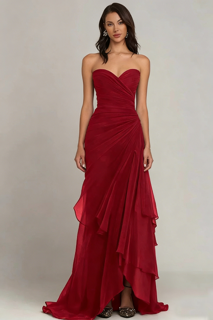Strapless Ruched Chiffon Evening Gown Tiered Ruffle Maxi Dress