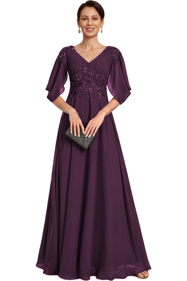V Neck Chiffon A Line Sequin Lace Dress