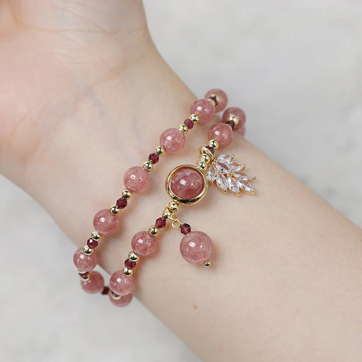 Strawberry Quartz Maple Leaf Double Wrap Bracelet