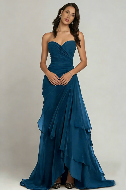 Strapless Ruched Chiffon Evening Gown Tiered Ruffle Maxi Dress
