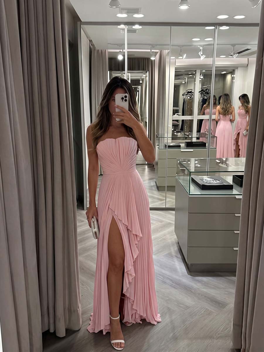 Strapless Pleated Lemon Yellow Chiffon Evening Gown High Slit Ruffle Maxi Dress