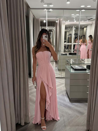 Strapless Pleated Lemon Yellow Chiffon Evening Gown High Slit Ruffle Maxi Dress