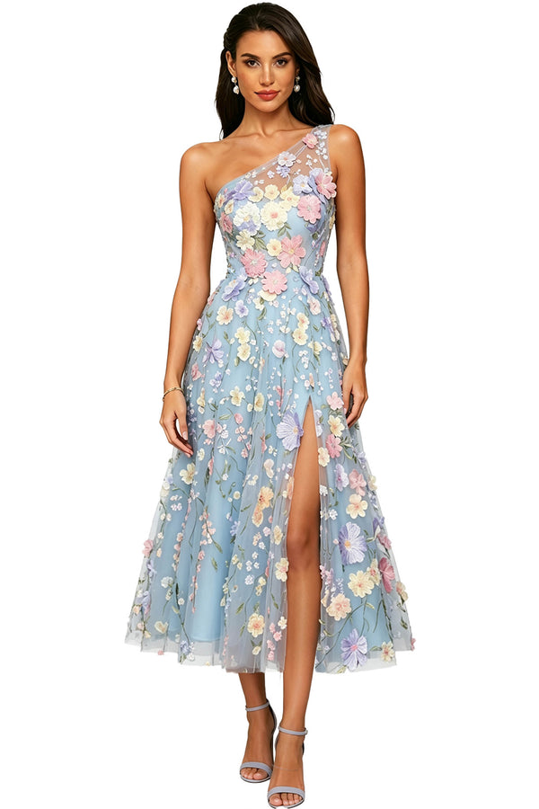 Floral Appliqued One Shoulder Long Formal Dress
