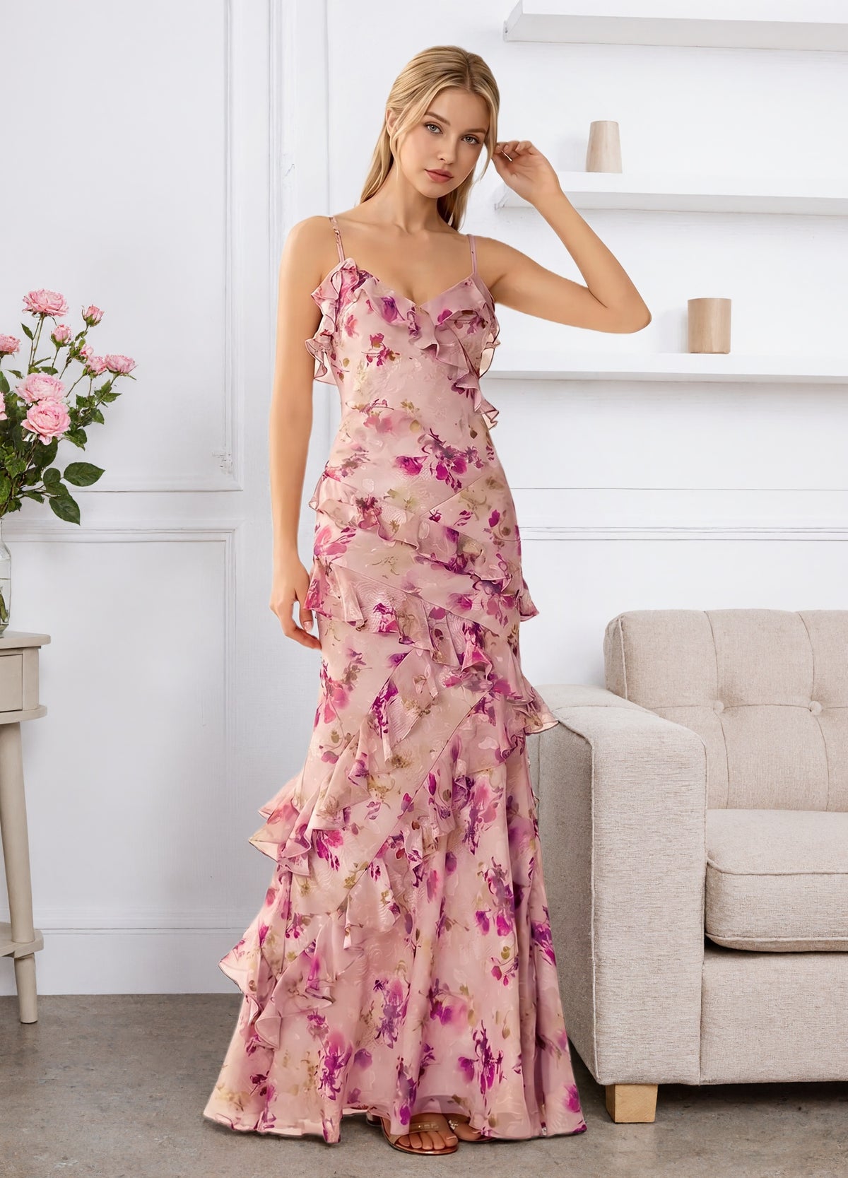 Spaghetti Straps Floral Prom Dresses for Teens