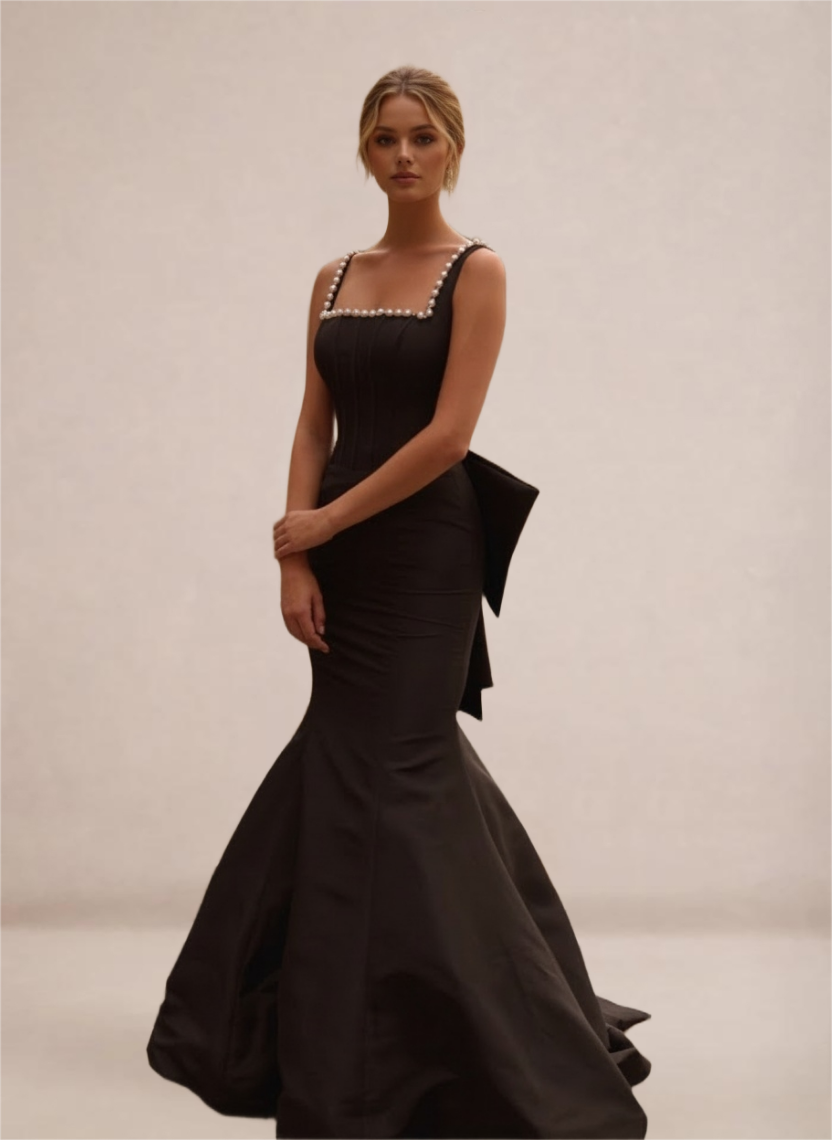 Black Pearl-Trim Open-Back Mermaid Gown with Statement Bow