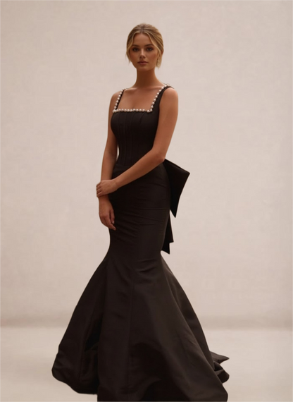 Black Pearl-Trim Open-Back Mermaid Gown with Statement Bow