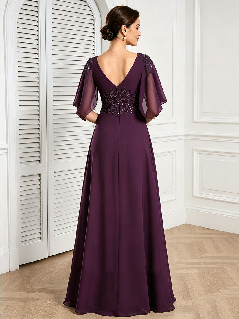 V Neck Chiffon A Line Sequin Lace Dress