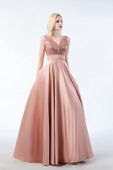 V-Neck Satin Sequin A-Line Prom Dress with Pockets