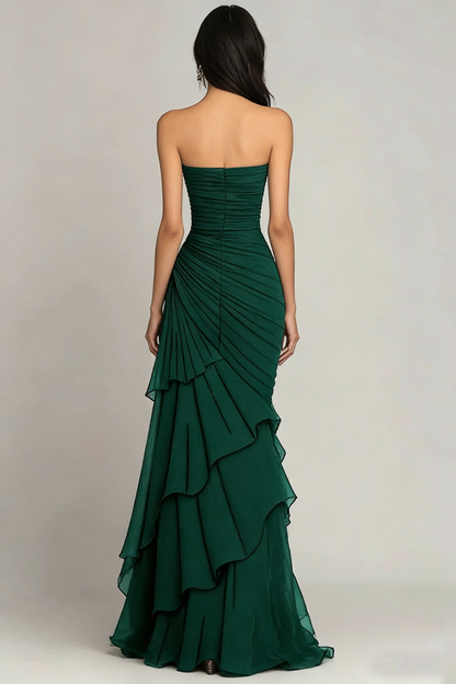 Strapless Ruched Chiffon Evening Gown Tiered Ruffle Maxi Dress