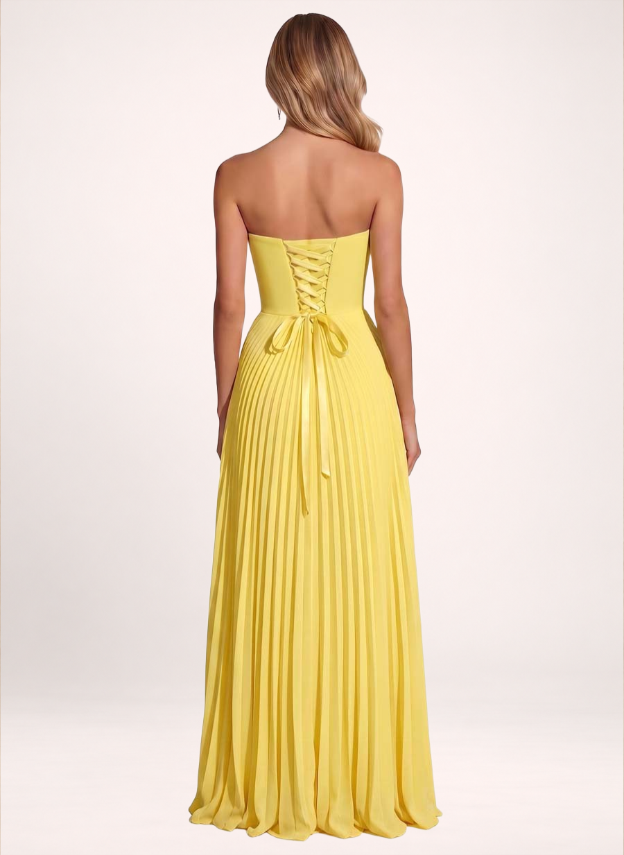 Strapless Pleated Lemon Yellow Chiffon Evening Gown High Slit Ruffle Maxi Dress