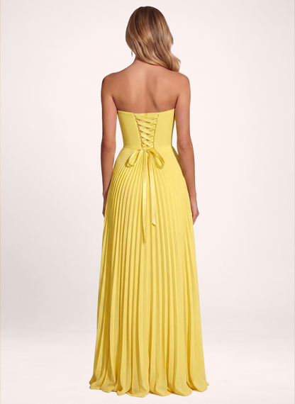Strapless Pleated Lemon Yellow Chiffon Evening Gown High Slit Ruffle Maxi Dress