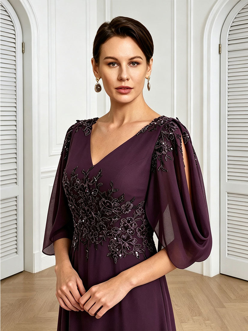 V Neck Chiffon A Line Sequin Lace Dress
