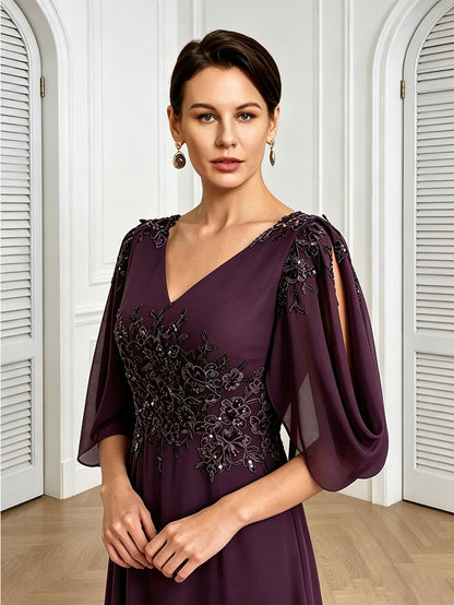 V Neck Chiffon A Line Sequin Lace Dress