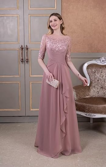 🔥 Hot Sale! 47% OFF 🔥-Chiffon Mother of the Bride Dress Laces Appliques 3/4 Sleeve Chiffon Ruched🎉