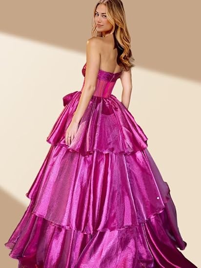 Strapless Ruffles Prom Dresses 2024 with Bow Sparkly Tulle Ball Gowns LU70