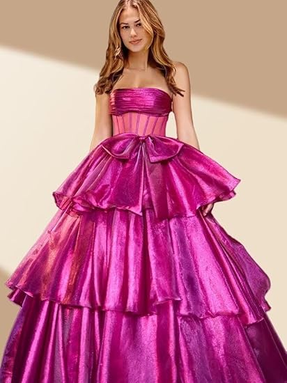 Strapless Ruffles Prom Dresses 2024 with Bow Sparkly Tulle Ball Gowns LU70