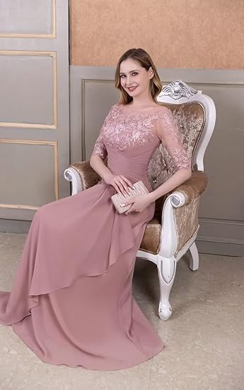 🔥 Hot Sale! 47% OFF 🔥-Chiffon Mother of the Bride Dress Laces Appliques 3/4 Sleeve Chiffon Ruched🎉