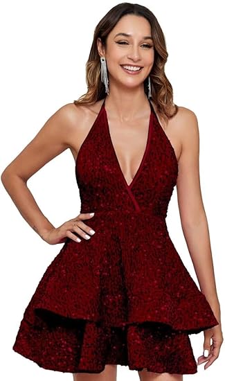 🔥 Hot Sale! 47% OFF 🔥-2024 Sparkly Sequins Tiered Halter Homecoming Dress🎉