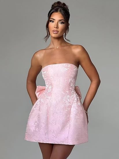 Satin Strapless Embroidered Homecoming Dress with Bow