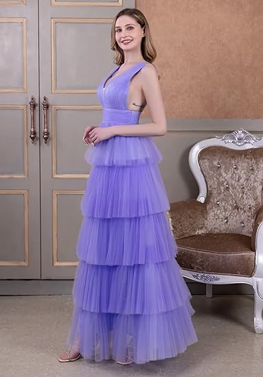 🔥 Hot Sale! 47% OFF 🔥 Women's Tiered Tulle V-Neck A-Line Backless Prom Dress🎉