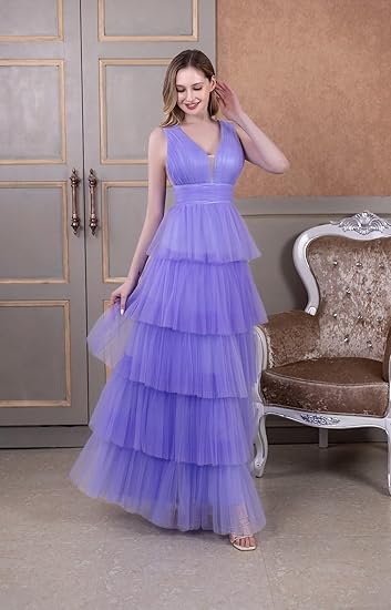 🔥 Hot Sale! 47% OFF 🔥 Women's Tiered Tulle V-Neck A-Line Backless Prom Dress🎉